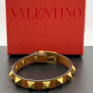 Valentino Garavani Rockstud Leather Bracelet — Brown & Gold-Tone — New with Box